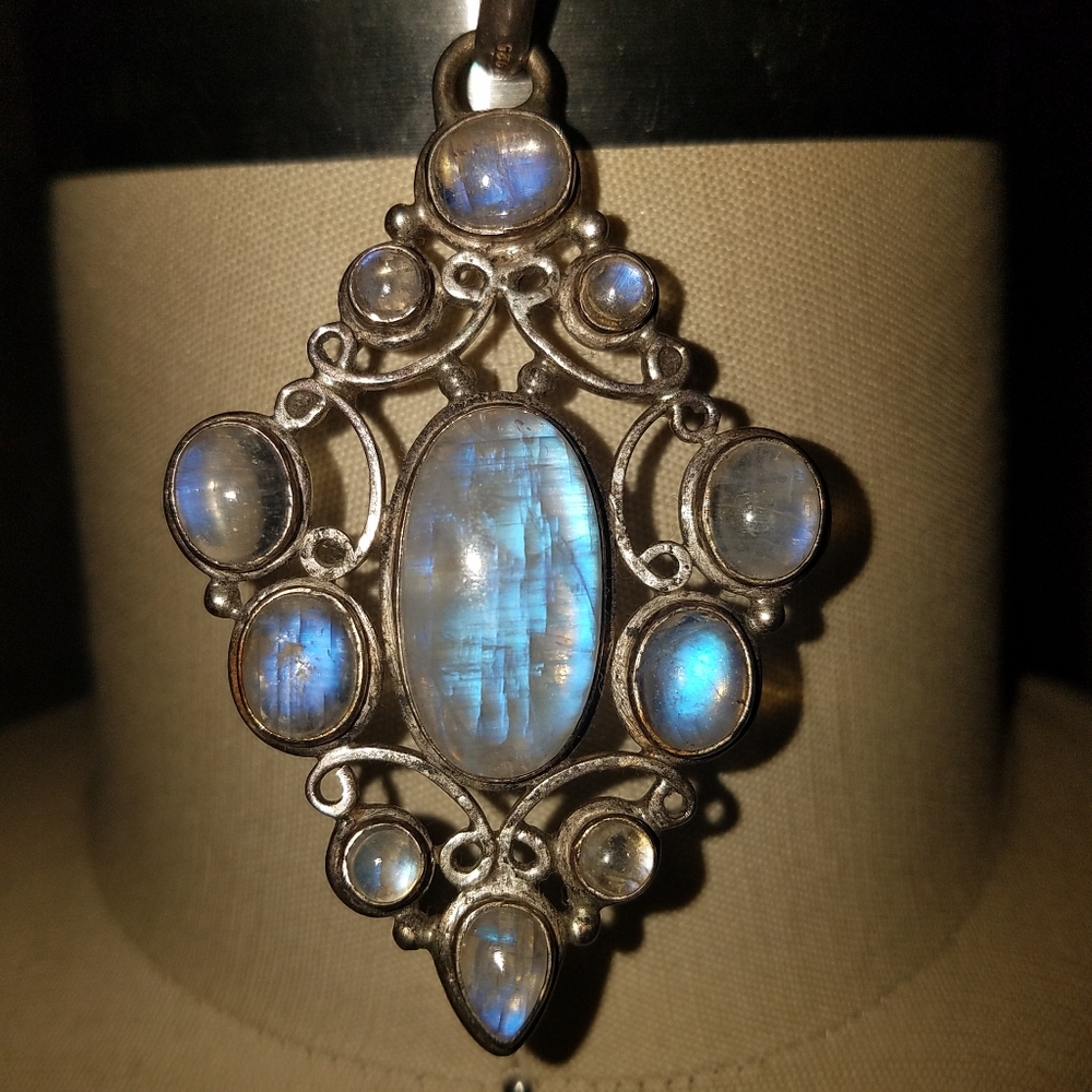 Rainbow Moonstone and Sterling Silver Pendant Necklace
